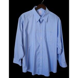 ​Brooks Brothers Non-Iron Stretch Blue Windowpane Dress Shirt 17.5-33 Supima